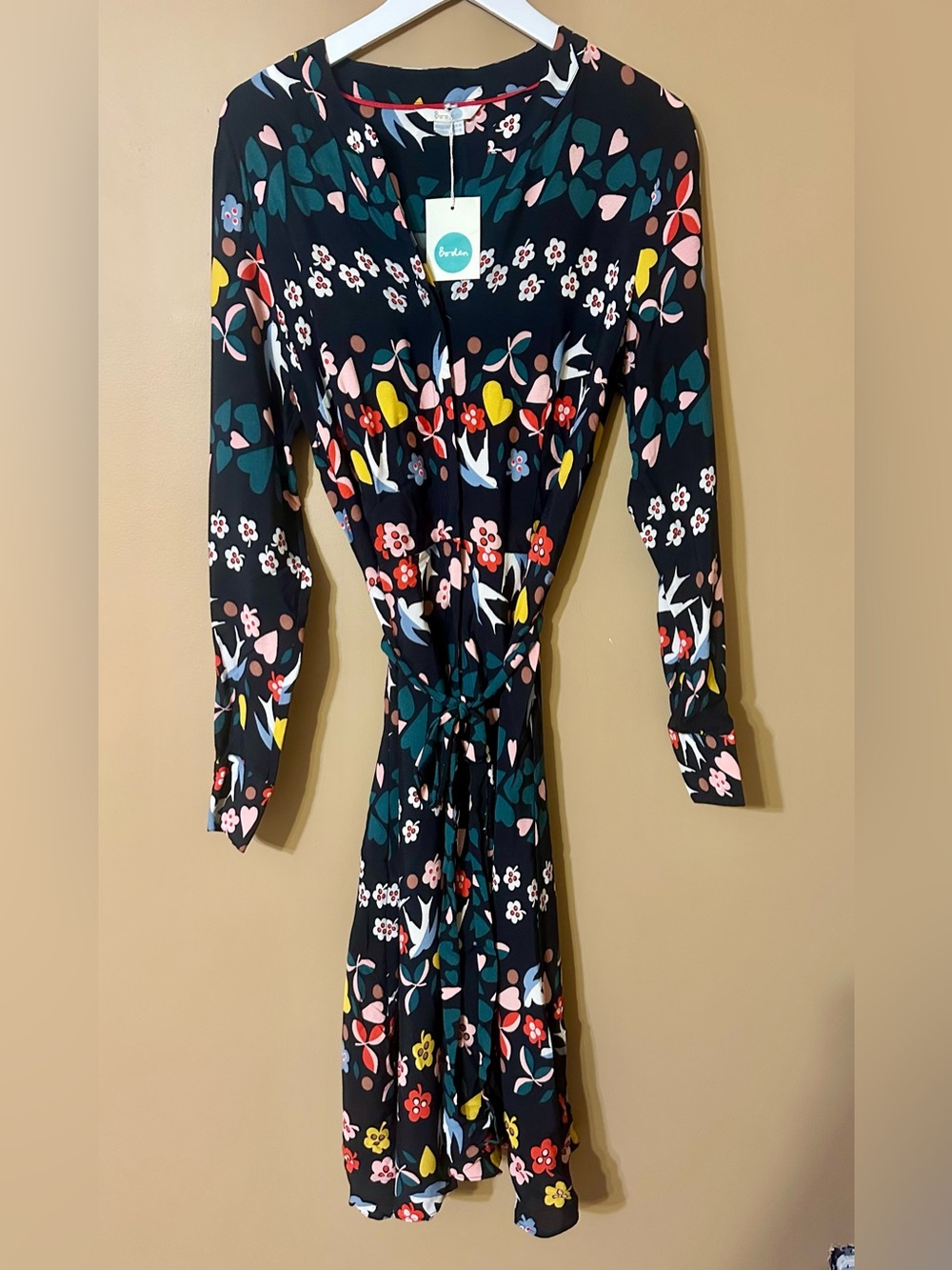 Boden Jessica Black Floral and Folk Lore Tie-Waist Long Sleeve Midi Dress